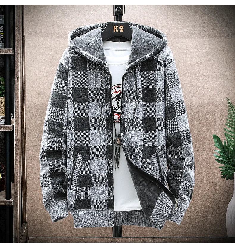 Men’s Winter Plaid Fleece-Lined Hooded Cardigan Jacket