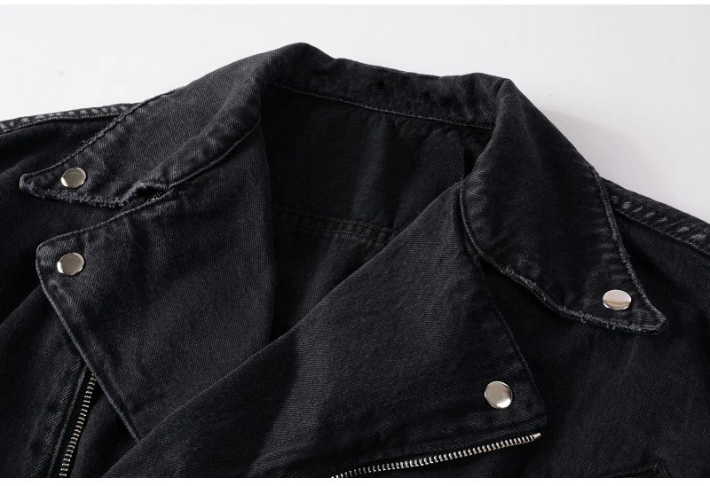 Men's Black Biker Slim Fit Denim Jacket with Belt - Streetwear Moto Style