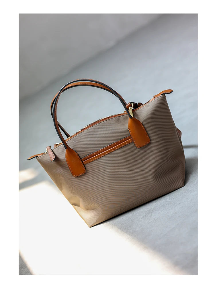 Zipper Tote Bags For Women Nylon With Real Leather Handbag High Quality Single Shoulder Bag