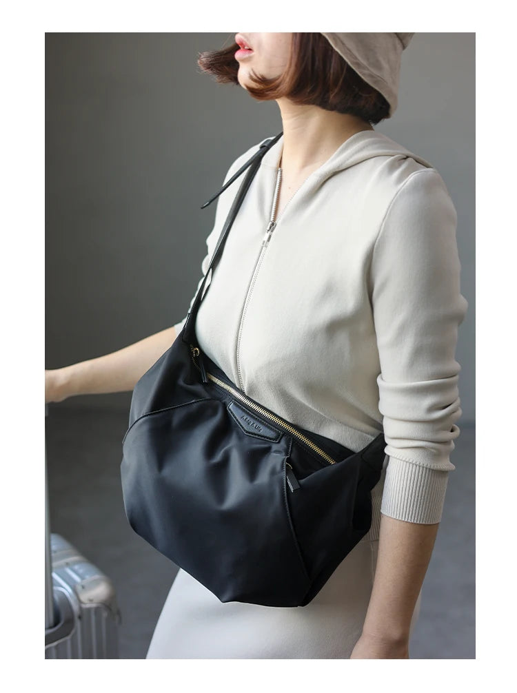 Lightweight Nylon Matching Genuine Leather Crossbody Bag High Quality Single Shoulder Bags Fashion Pleated Messenger Purses