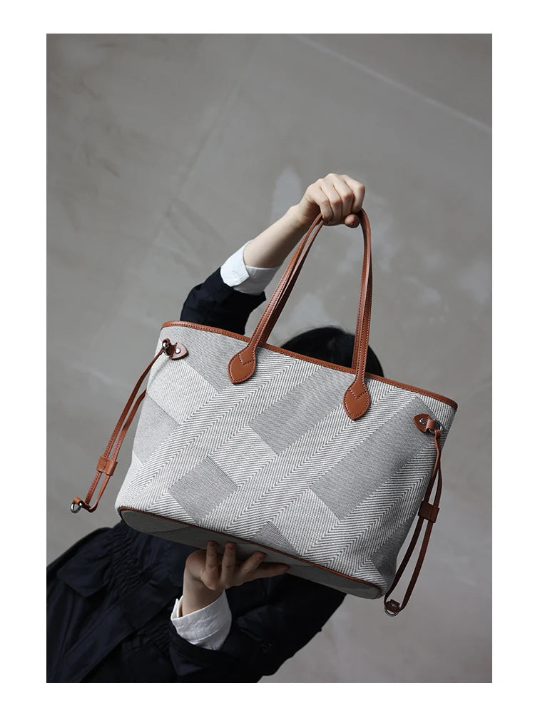 Women's Fashion Shoulder Bag Luxury Designer Handbag Large Capacity Canvas With Genuine Leather Tote For Shopping,Commuting,Work