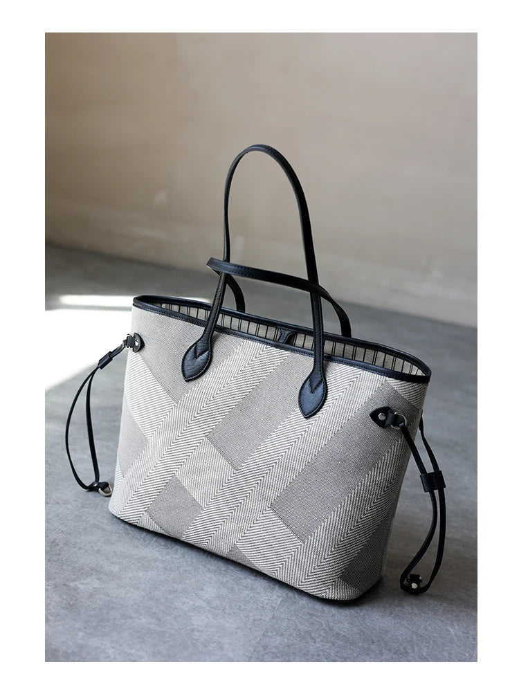 Women's Fashion Shoulder Bag Luxury Designer Handbag Large Capacity Canvas With Genuine Leather Tote For Shopping,Commuting,Work