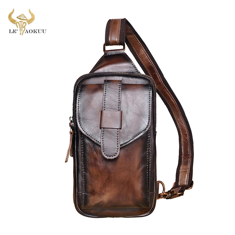 Hot Sell Men Genuine Bull Leather Vintage Coffee Triangle Chest Sling Bag Design Travel Daypack One Shoulder Crossbody Bag XB571