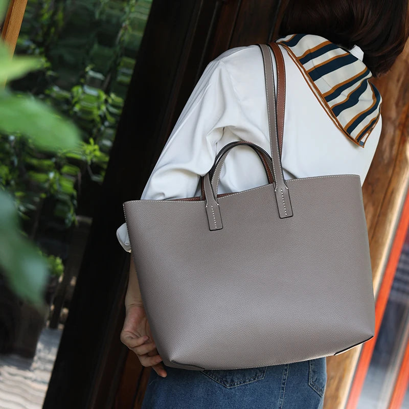 JAZZQ Reversible Genuine Leather Tote | First-Layer Cowhide
