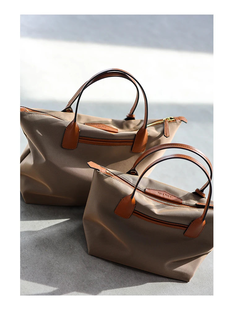 Zipper Tote Bags For Women Nylon With Real Leather Handbag High Quality Single Shoulder Bag