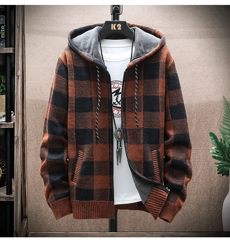 Men’s Winter Plaid Fleece-Lined Hooded Cardigan Jacket