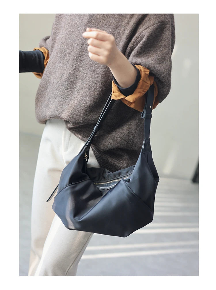 Lightweight Nylon Matching Genuine Leather Crossbody Bag High Quality Single Shoulder Bags Fashion Pleated Messenger Purses