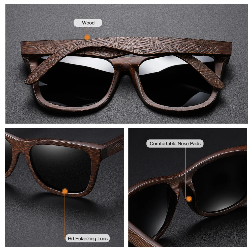 GM Retro Fashion Bamboo Wood Polarized Sunglasses Driving Square Style SunGlasses Male Goggle Cat.3 Women Men Brand Designer