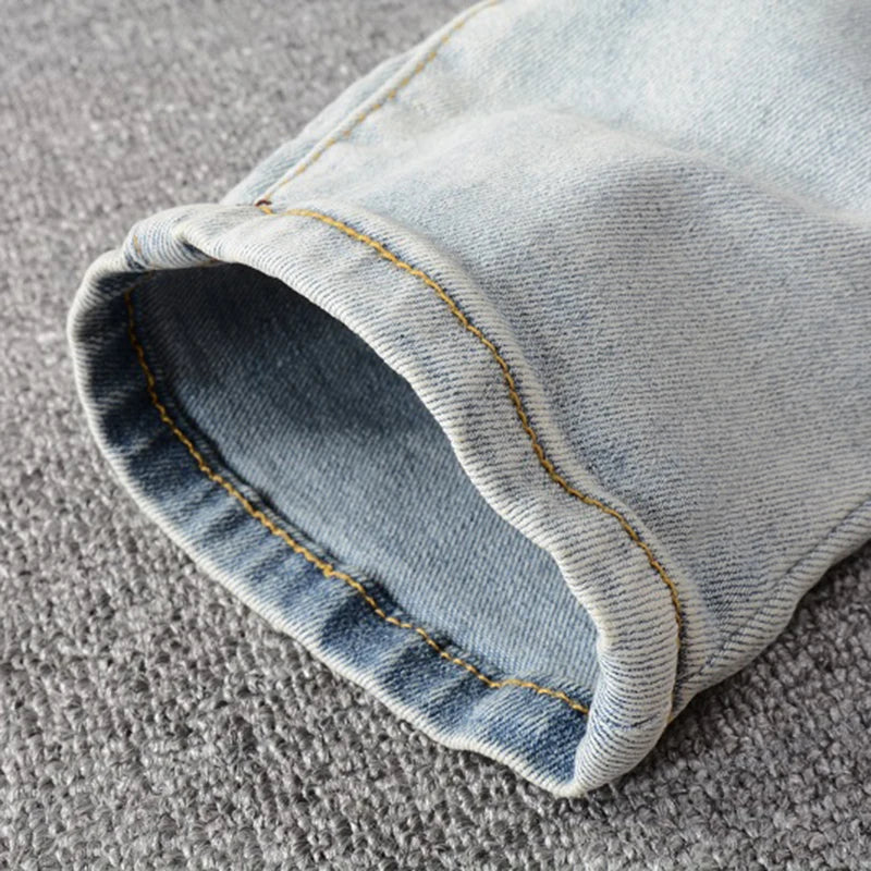 Men's Crystal Embellished Ripped Slim Jeans – Blue