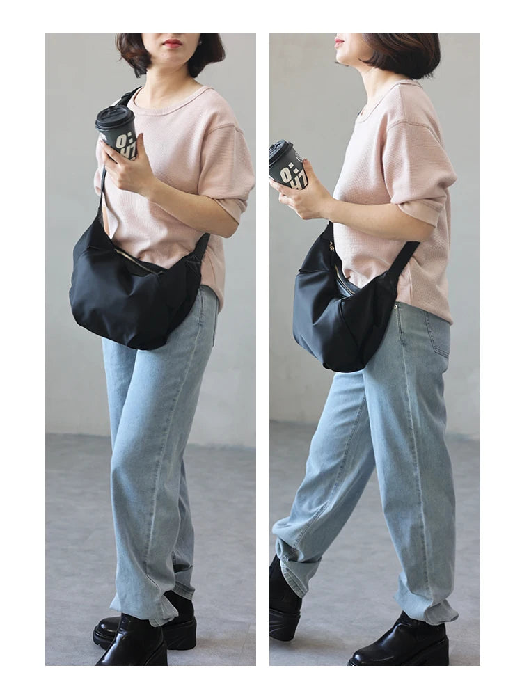 Lightweight Nylon Matching Genuine Leather Crossbody Bag High Quality Single Shoulder Bags Fashion Pleated Messenger Purses