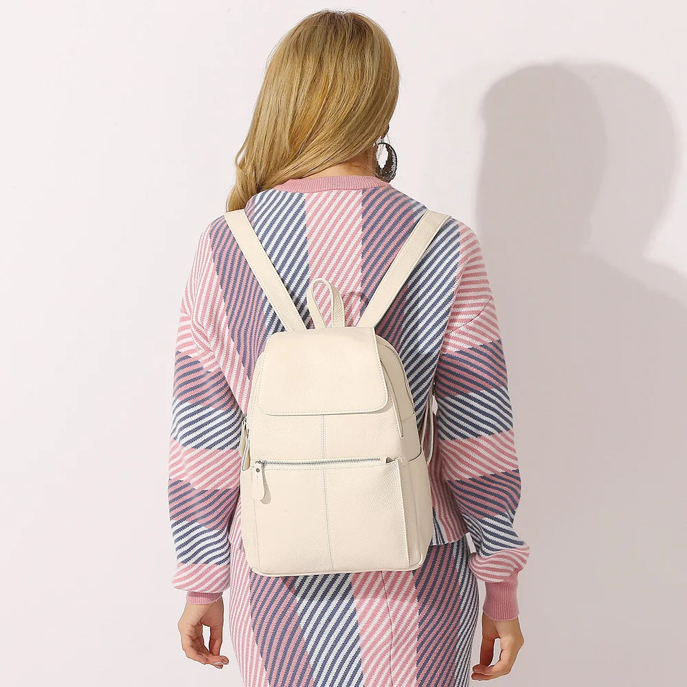Zency Stylish White Black Genuine Leather Women Backpack A++ Quality Anti-theft Large Capacity Knapsack Travel Designer Rucksack