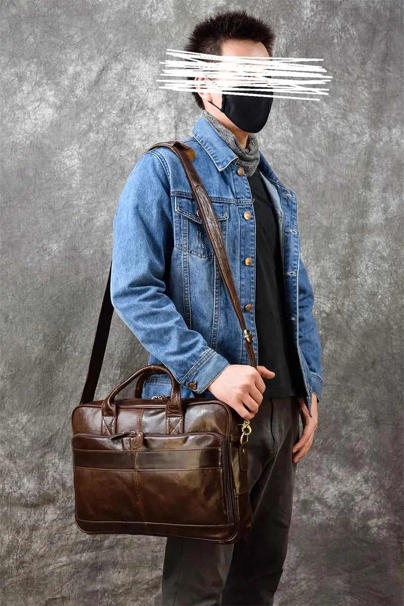 Men Briefcase Genuine Leather Laptop Bag 14 15.6" PC Doctor Lawyer Computer Bag Cowhide Male Briefcase Leather Men Business Bag