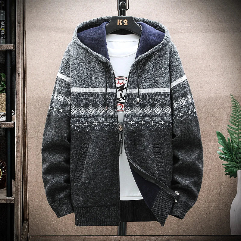 Men’s Winter Plaid Fleece-Lined Hooded Cardigan Jacket