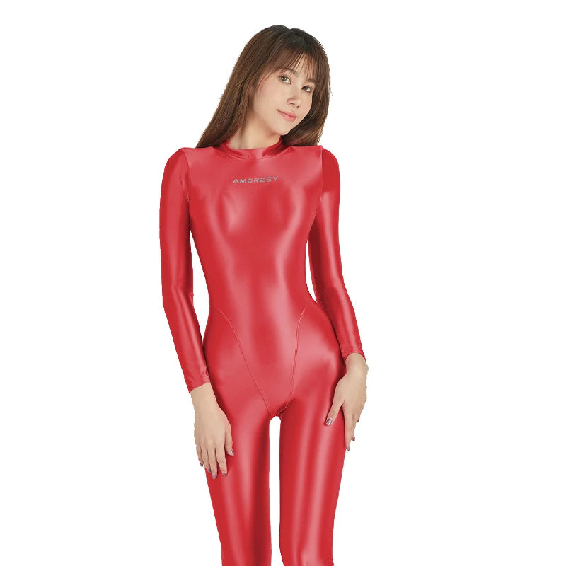 Glossy Long Sleeve Full-Length Jumpsuit