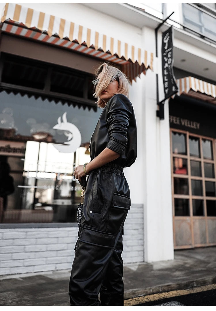 Black Faux Leather Cargo Jumpsuit - Luxury Long Sleeve Zip-Up Romper