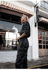 Black Faux Leather Cargo Jumpsuit - Luxury Long Sleeve Zip-Up Romper