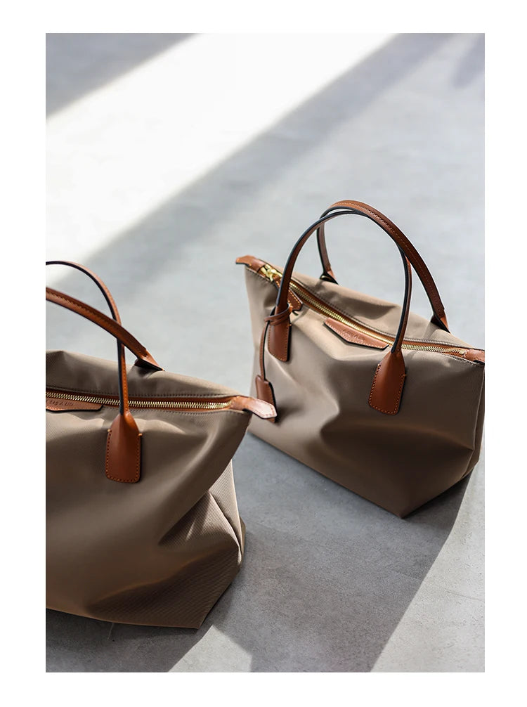 Zipper Tote Bags For Women Nylon With Real Leather Handbag High Quality Single Shoulder Bag