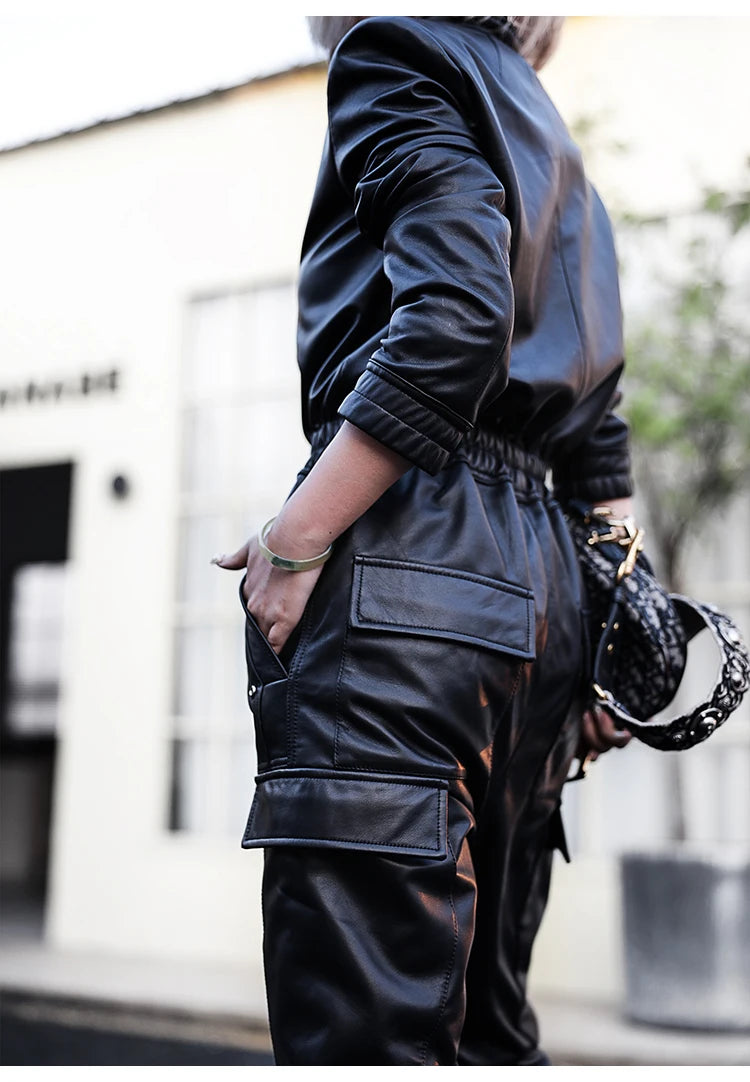 Black Faux Leather Cargo Jumpsuit - Luxury Long Sleeve Zip-Up Romper