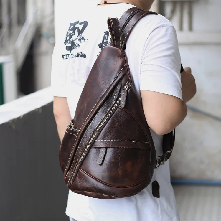 Single Shoulder Bagpack Genuine Leather Chest Bag Outdoor Riding Bag Chest Packs For Biker Men Male Sling Bags Cow Leather
