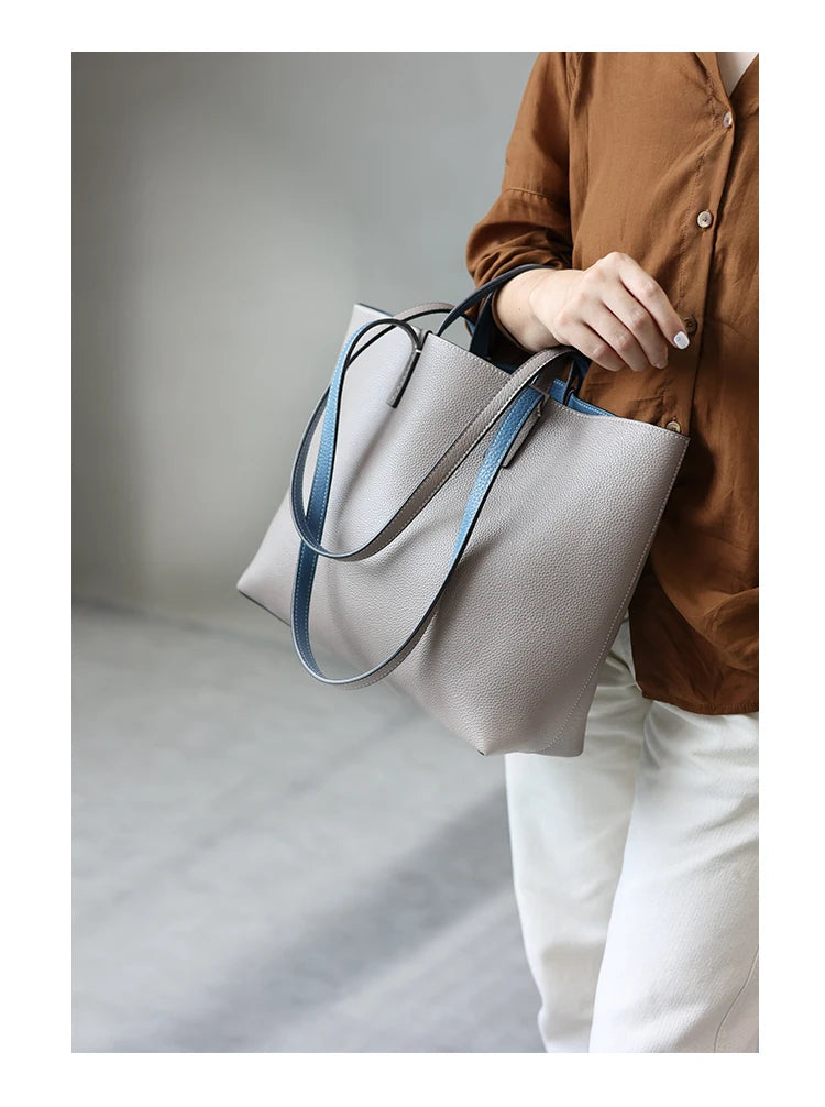 JAZZQ Reversible Genuine Leather Tote | First-Layer Cowhide
