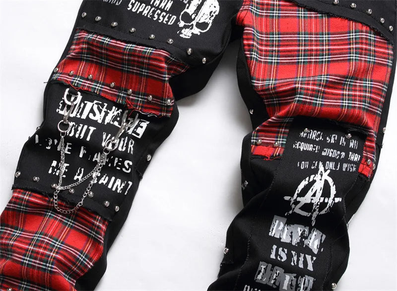 2026 Korean Fashion Red Plaid Patchwork Punk Rivet Men Slim Jeans Trousers Skull Letters Print Hip Hop Chain Denim Pants Spodnie