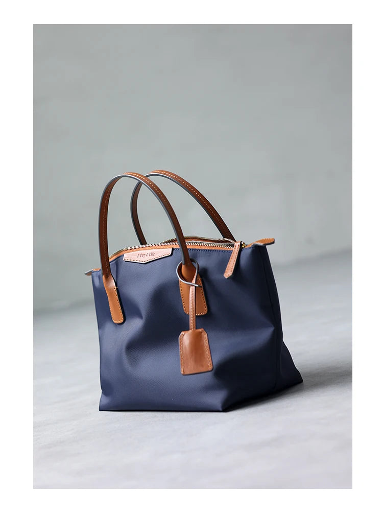 Zipper Tote Bags For Women Nylon With Real Leather Handbag High Quality Single Shoulder Bag