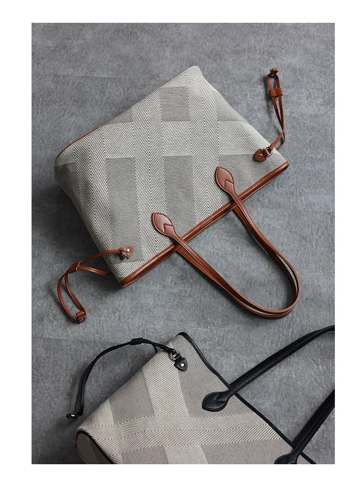 Women's Fashion Shoulder Bag Luxury Designer Handbag Large Capacity Canvas With Genuine Leather Tote For Shopping,Commuting,Work