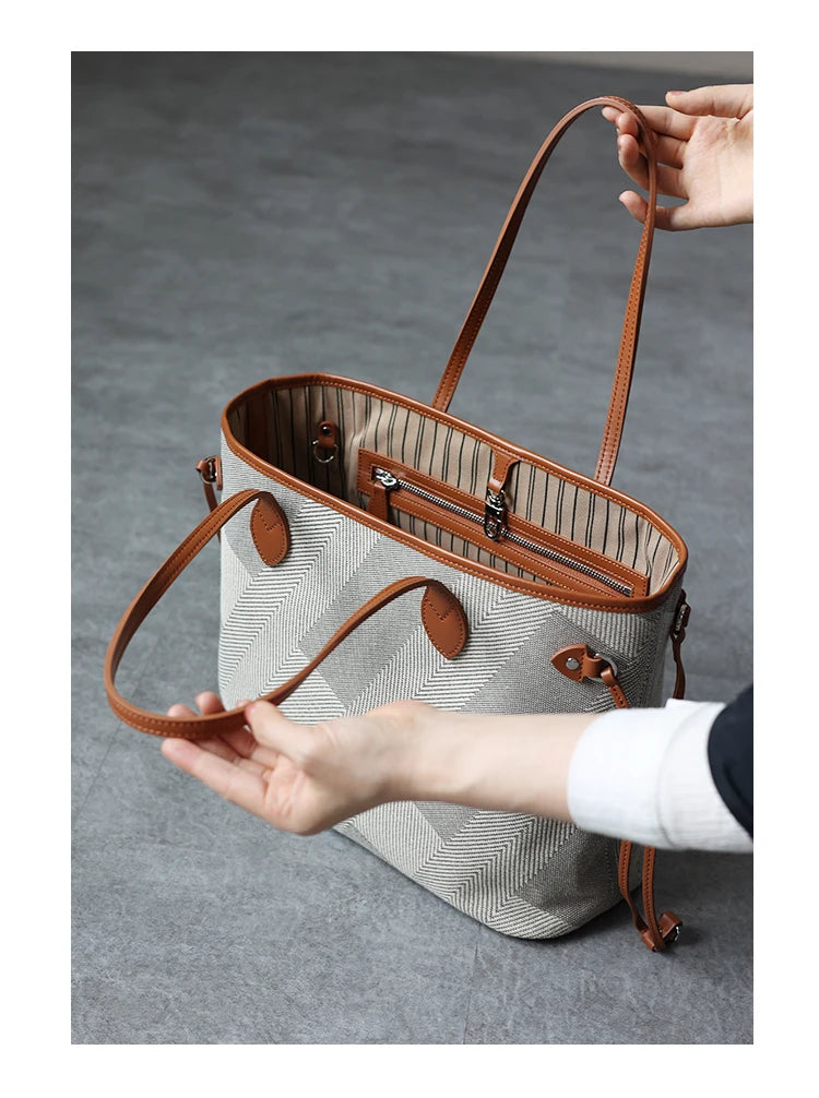 Women's Fashion Shoulder Bag Luxury Designer Handbag Large Capacity Canvas With Genuine Leather Tote For Shopping,Commuting,Work