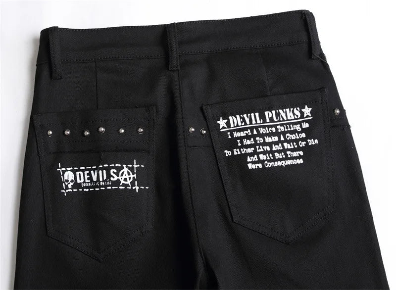 2026 Korean Fashion Red Plaid Patchwork Punk Rivet Men Slim Jeans Trousers Skull Letters Print Hip Hop Chain Denim Pants Spodnie