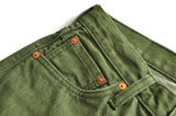 Saucezhan Men Jeans Vulcanization Olive Green 107 Selvedge Denim Jeans Men washed  Slim Fit 14 Oz  Zipper Fly