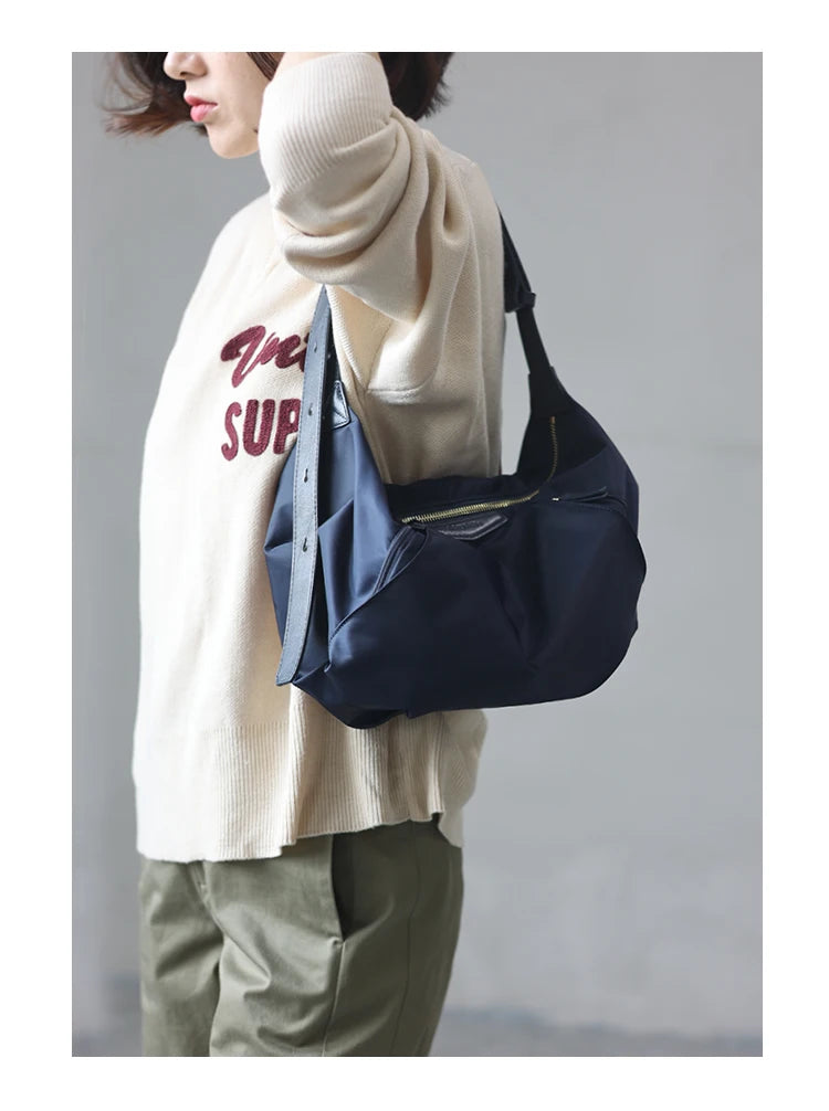 Lightweight Nylon Matching Genuine Leather Crossbody Bag High Quality Single Shoulder Bags Fashion Pleated Messenger Purses