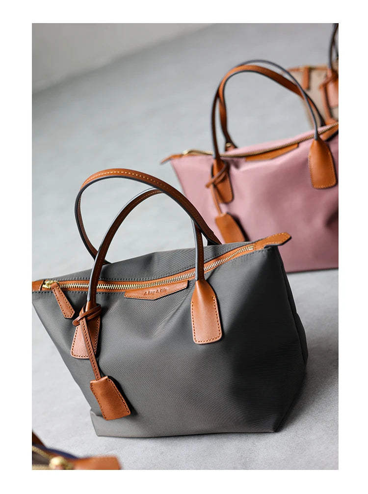 Zipper Tote Bags For Women Nylon With Real Leather Handbag High Quality Single Shoulder Bag