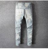 Men's Crystal Embellished Ripped Slim Jeans – Blue