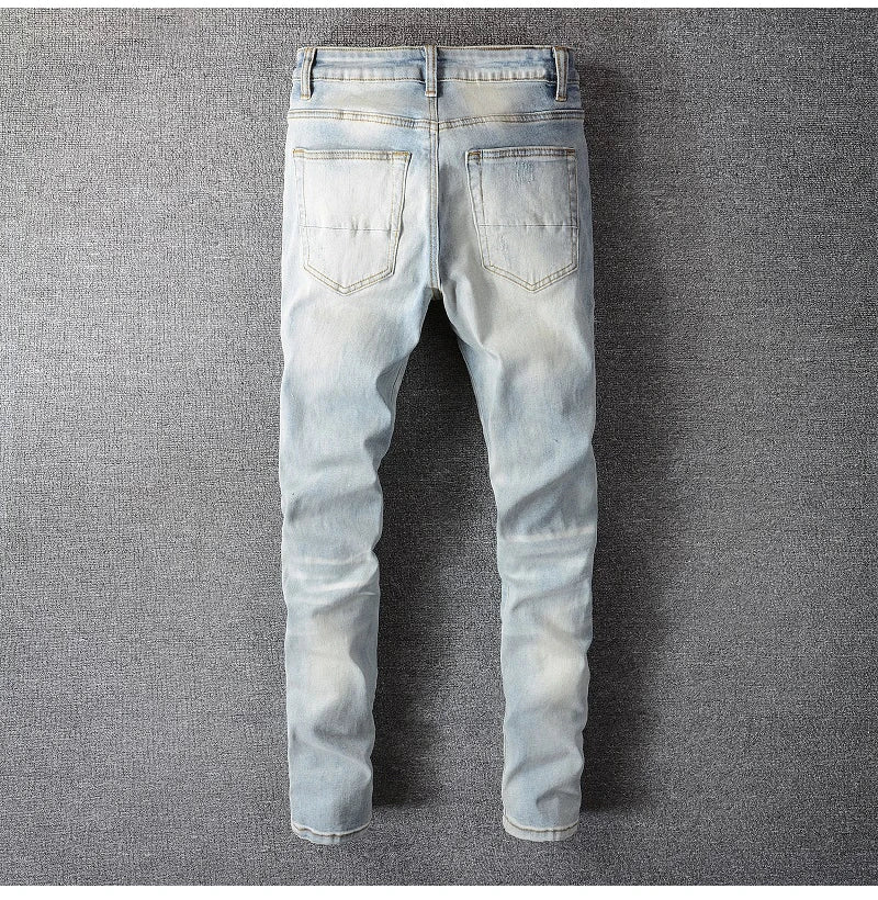 Men's Crystal Embellished Ripped Slim Jeans – Blue