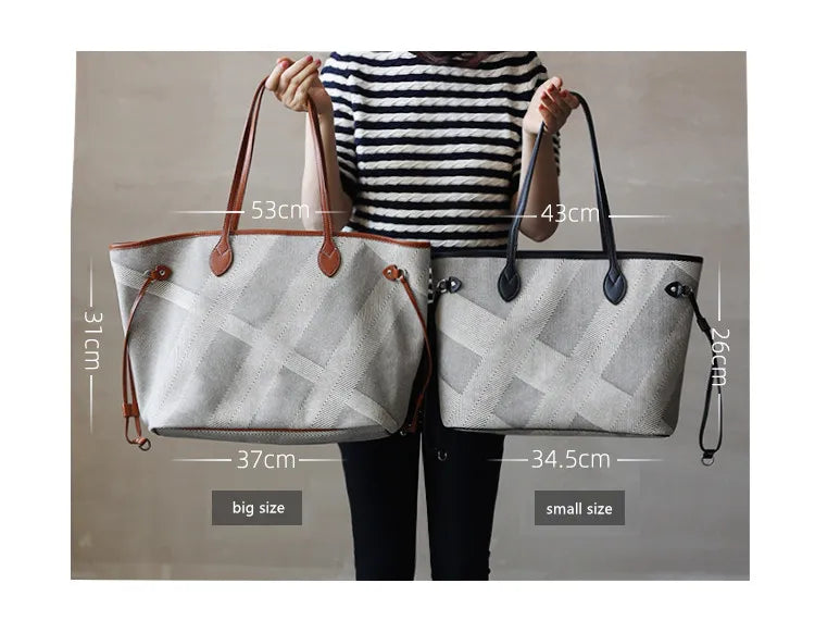 Women's Fashion Shoulder Bag Luxury Designer Handbag Large Capacity Canvas With Genuine Leather Tote For Shopping,Commuting,Work