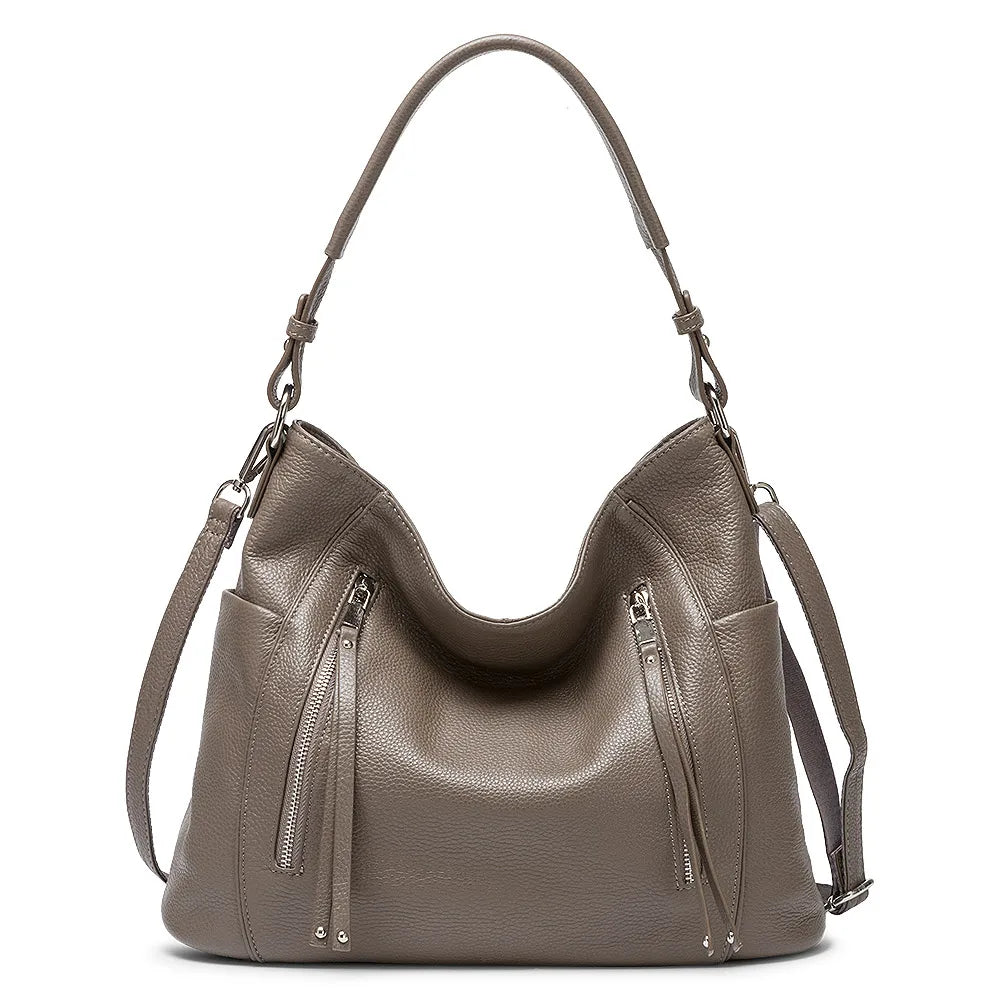 ZENCY New Handbag Luxury Genuine Leather Bag for Women Shoulder Tote Crossbody Double Zipper Pocket Charming Red Hobo Bag