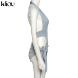 Kliou Solid Deep V sexy Two Piece Sets Midnight Club Halter Top And Skirt Backless Summer Partywear Hollow Out Ruched Women Set