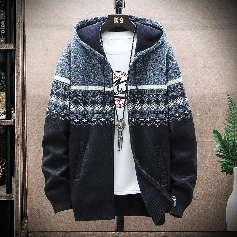 Men’s Winter Plaid Fleece-Lined Hooded Cardigan Jacket