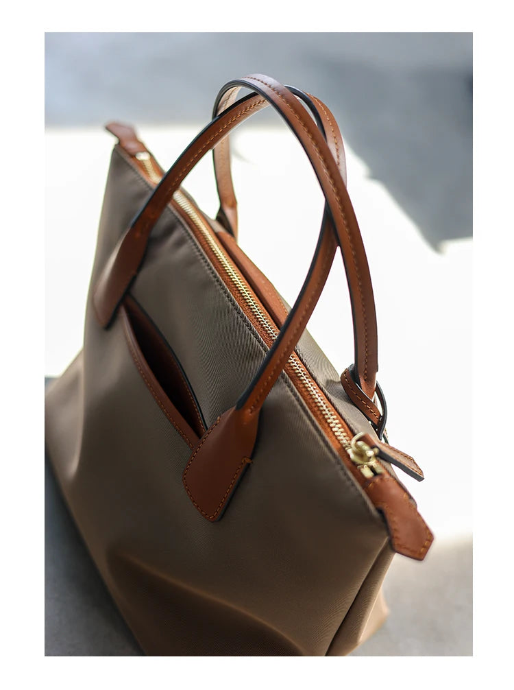 Zipper Tote Bags For Women Nylon With Real Leather Handbag High Quality Single Shoulder Bag
