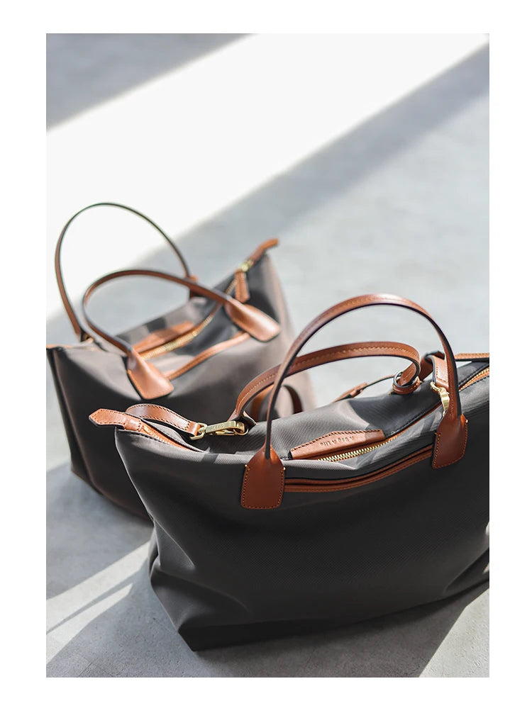 Zipper Tote Bags For Women Nylon With Real Leather Handbag High Quality Single Shoulder Bag