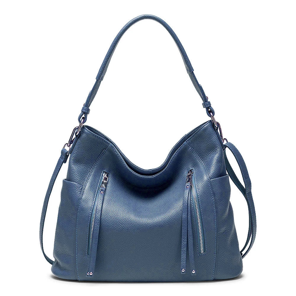 ZENCY New Handbag Luxury Genuine Leather Bag for Women Shoulder Tote Crossbody Double Zipper Pocket Charming Red Hobo Bag