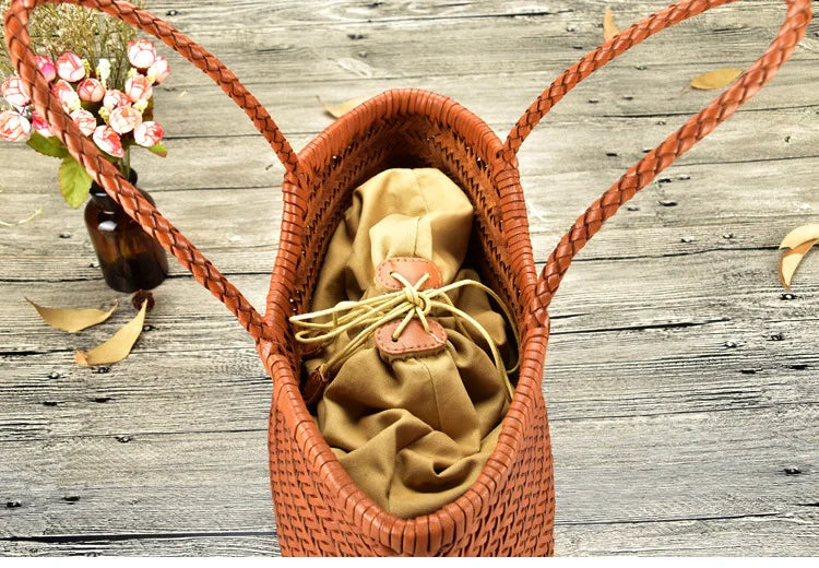 Hand Knitted Designer Genuine Leather Elegant Handle Female Totes Vintage Women's Handbag Cowskin Lady Large Shoulder Bag