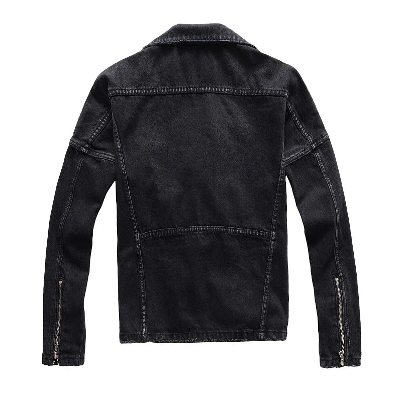Men's Black Biker Slim Fit Denim Jacket with Belt - Streetwear Moto Style