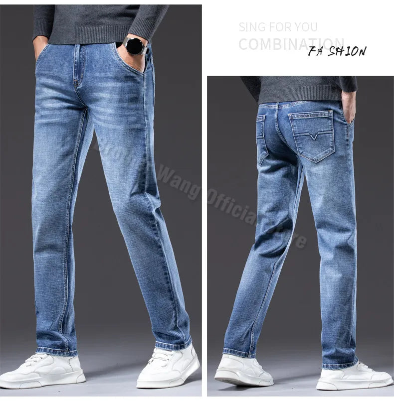 2025 Autumn New Men Regular Fit Stretch Jeans Classic Style Smoky Gray Fashion Casual Denim Pants Male Brand Trousers Blue