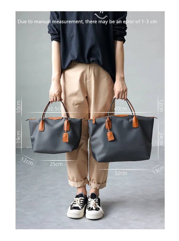Zipper Tote Bags For Women Nylon With Real Leather Handbag High Quality Single Shoulder Bag