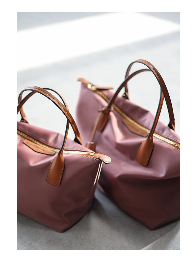 Zipper Tote Bags For Women Nylon With Real Leather Handbag High Quality Single Shoulder Bag