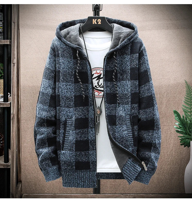 Men’s Winter Plaid Fleece-Lined Hooded Cardigan Jacket