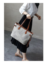 Women's Fashion Shoulder Bag Luxury Designer Handbag Large Capacity Canvas With Genuine Leather Tote For Shopping,Commuting,Work