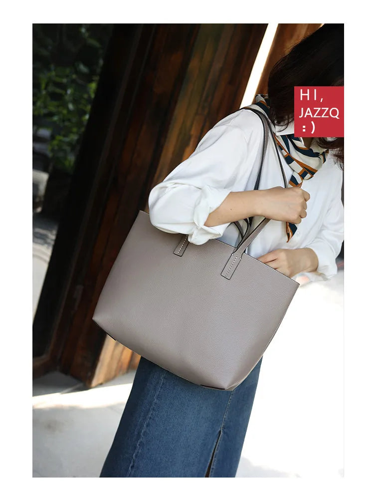 JAZZQ Reversible Genuine Leather Tote | First-Layer Cowhide