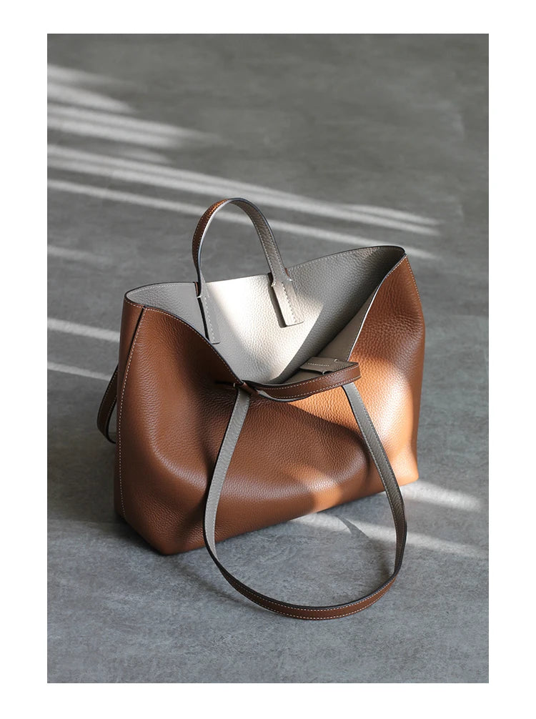 JAZZQ Reversible Genuine Leather Tote | First-Layer Cowhide